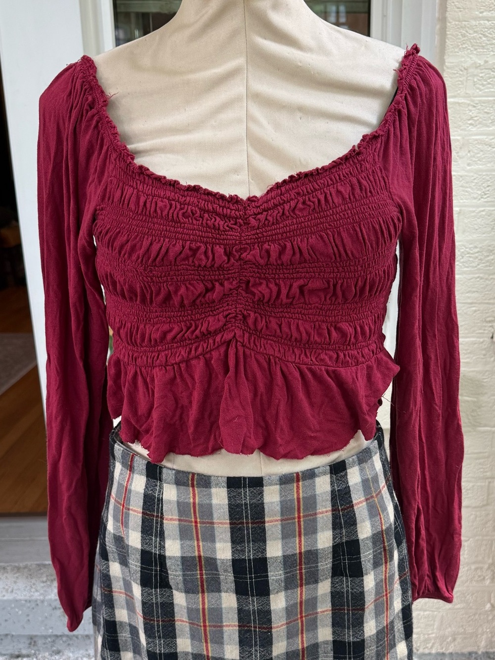 Urban Outfitters Burgundy Smocked Long-Sleeve Crop Top
